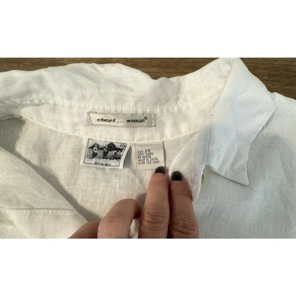 Edward Linen 100% Irish 2X Plus Size Embroidered Scallop hem Button white Top - Picture 10 of 12